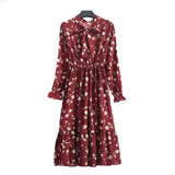 Women Long Sleeve Floral Print Midi Chiffon Casual Slim Party Lady Office Dress