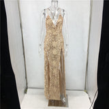 Double Side Slit Sequins Sexy Maxi Spaghetti Strap V-neck Chic Sequin Slip Dress