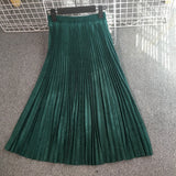 Women Suede Autumn High Waist Long Pleated Vintage Midi Skirt
