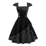 Square Neck Layered Polka Dot Rockabilly Double Breasted Tunic Cap Sleeve Red Vintage Retro Dress