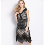 Women 1920s Vintage Art Deco Sequin Double V-Neck Tassels Bodycon Beaded Party Dress