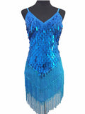 Shining V Neck Stage Costumes Latin Dance Women 1920s Gatsby Fringe Flapper Backless Summer Mesh Sequin Dress