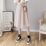 Midi Pleated Black Pink Tulle Skirt Women Spring Summer Korean Elastic High Waist Mesh Skirt