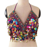 Women Sequin Halter Bra Salsa Belly Dance Boho Festival Club Tribal Top Colorful Beading Coins Tassel Lace-Up Cami Top