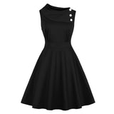 Red Turn-Down Collar Buttons Retro Sleeveless Pockets Elegant Cotton Solid Skater Vintage Dress