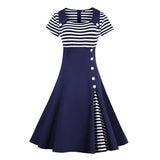 Plus Size Vintage Striped Summer Dress Women Button Retro A Line Black Dress