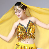 Women Sequin Halter Bra Salsa Belly Dance Boho Festival Club Tribal Top Colorful Beading Coins Tassel Lace-Up Cami Top