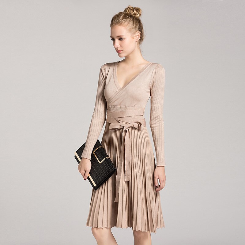 High Quality V Neck Casual Pleated Knitted Womens Dresses New Arrival 2018 Long Sleeve Autumn Winter Dress Women Elegant Dress