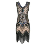 Women 1920s Vintage Art Deco Sequin Double V-Neck Tassels Bodycon Beaded Party Dress