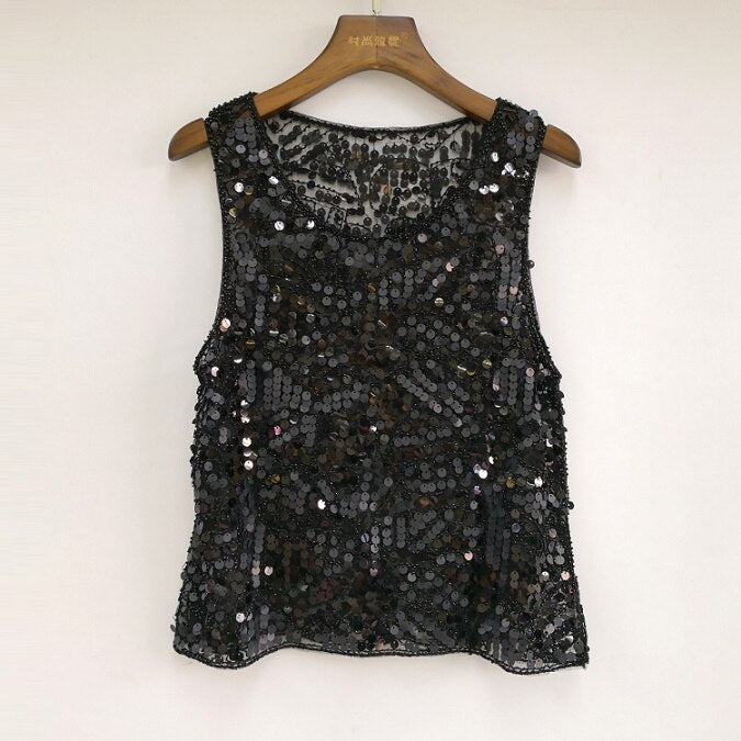 Pink Embellished Sequin Vintage Beaded Mesh Top Summer Casual Sleeveless Paisley Tank Top with Appliques