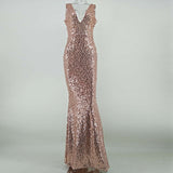 Shining Gold Sequin Maxi V-neck Chic Evening Party Mermaid Elegant Sleeveless Sequins Dress