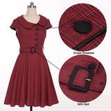 Burgundy Button Up Vintage Plaid Cap Sleeve Office Lady Summer Tunic Retro A Line Dress