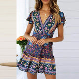 Bohemian Floral Women Ruffle Bandage Mini Dress Elegant Holiday Beach Sundress