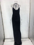 Long Velvet Black Elegant Celebrity Maxi Halter Neck Backless Velour Evening Party Dress