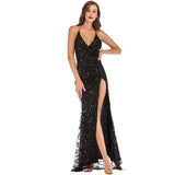 High Slit Gold Sequin Long Maxi Tassels V-neck Sexy Evening Party Spaghetti Strap Black Dress