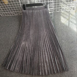 Women Suede Autumn High Waist Long Pleated Vintage Midi Skirt