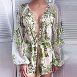 Deep V Neck Embroidery Sequin Rompers Long Sleeve Sequins Short Jumpsuit Overalls