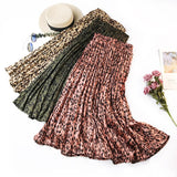 Leopard Print Pleated Midi Long Korean Elegant High Waist A-line Sun Skirt