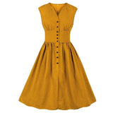 Yellow Single Breasted Sleeveless Polka Dot Casual Thin Fabric V-Neck High Waist Vintage Dress