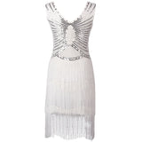 1920s Gatsby Charleston Sequin White Bead Fringe Flapper Dress Vestido Robe Double V-Neck Sleeveless Tiered Tassel Party Dress