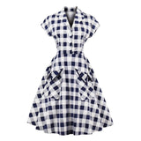 Elegant Plaid Button Up Gingham Dress Retro Style Women Summer Pockets A Line Cotton Rockabilly Vintage Dress