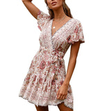 Bohemian Floral Women Ruffle Bandage Mini Dress Elegant Holiday Beach Sundress