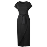 6 Color Casual Round Neck Sashes Wrap Short Sleeve Belt Irregular Vintage Midi Dress