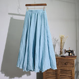 Women Linen Cotton Long Elastic Waist Maxi Beach Boho Casual Lady Vintage Pleated Skirt