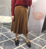 Women Suede Autumn High Waist Long Pleated Vintage Midi Skirt