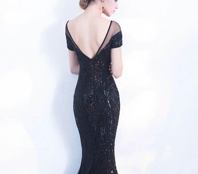 Elegant Backless Evening Dress Simple Black Sequin Dress Short Sleeve FashionLoveHunter Elegant Backless Evening Dress Simple Black Sequin Dress Short Sleeve FashionLoveHunter
