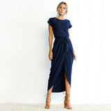 6 Color Casual Round Neck Sashes Wrap Short Sleeve Belt Irregular Vintage Midi Dress