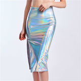 High Split Skinny Bling Laser Holographic Midi Night Party Club Pu Patchwork Skirt