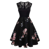 A Line Peony Flower Vintage Contrast Lace Elegant Summer Ladies Retro Party Black Dress