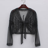 Summer Lace Bolero Coat Shrug Long Sleeve Short Thin Crochet Embroidery Striped Shawl Cardigan With Belt