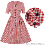 Retro High Waist Red Plaid Single Breasted Tunic Pleated Women V-Neck Half Sleeve Vintage Gingham Print Dress