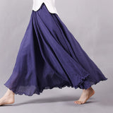 Women Linen Cotton Long Elastic Waist Maxi Beach Boho Casual Lady Vintage Pleated Skirt