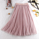 Midi Pleated Black Pink Tulle Skirt Women Spring Summer Korean Elastic High Waist Mesh Skirt