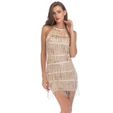 4 Color Embroidery Sequin Fringe Tassel Cut Out Sleeveless Strap Sexy Party Runway Dress