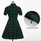 Pin Up Vintage Green Plaid Elegant Turn-Down Collar Pocket Side Cotton Gingham Rockabilly Dress