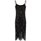 Black Sequin Fringe Cami Dress Vintage Paisley Beaded Sleeveless Great Gatsby Flapper Women Little Black Dress