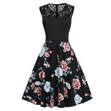 Black Floral Print Contrast Lace Sweetheart Sleeveless A Line Party Elegant Skater Vintage Dress