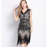 Women 1920s Vintage Art Deco Sequin Double V-Neck Tassels Bodycon Beaded Party Dress