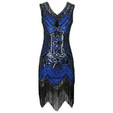 Women 1920s Vintage Art Deco Sequin Double V-Neck Tassels Bodycon Beaded Party Dress