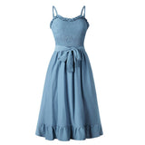 Elegant Ruffle Pleated Cotton Ruched High Waist Women Spaghetti Strap Midi Dress