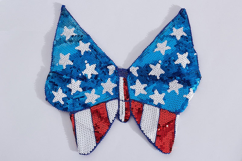 Sexy Stage Costumes American USA Flag Butterfly Bellyband Halter V-Neck Lace-Up Bandage Bralet Crop Top Sequin Beaded Camis Top