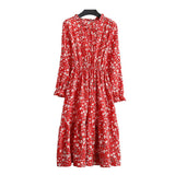 Women Long Sleeve Floral Print Midi Chiffon Casual Slim Party Lady Office Dress