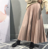 Women Suede Autumn High Waist Long Pleated Vintage Midi Skirt