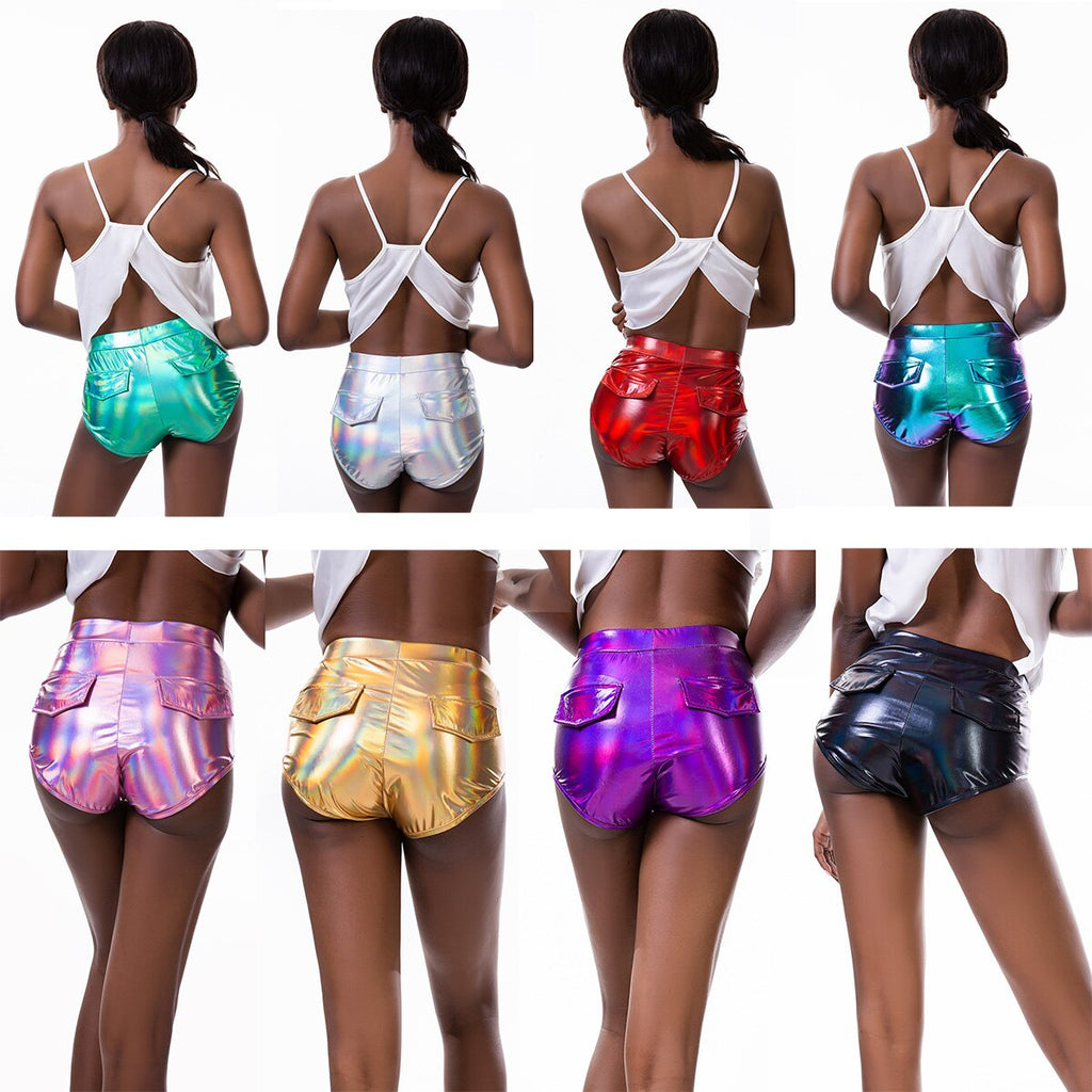 Shiny Sexy Holographic Shorts with Pockets Night Club Laser Metallic Wet Look Booty Party Raves Festival Slim Shorts