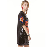 Black Hip Hop Oversized Loose Sequin Dress Short Sleeve Casual Round Collar Dancewear Paillette Printed Shirt Dress