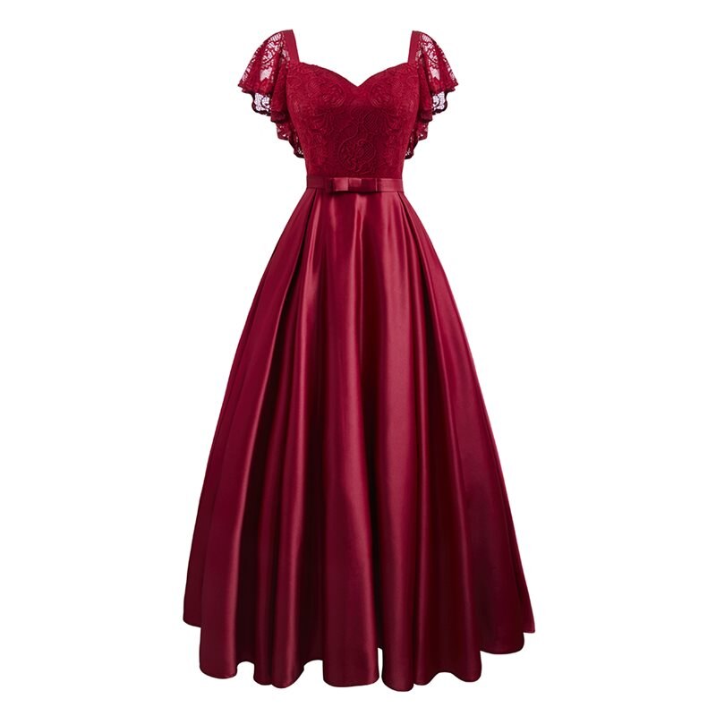 Summer Burgundy Party Dress Floral Lace Long Women Short Sleeve Ruffle Elegant Red Blue Black Casual Maxi Date Satin Vestidos